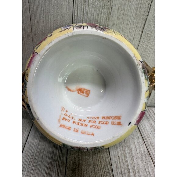 Vtg Chinese Gilding Lidded Trinket Dish 6" Red Stamp Floral Plum Gold Handles - Picture 6 of 11